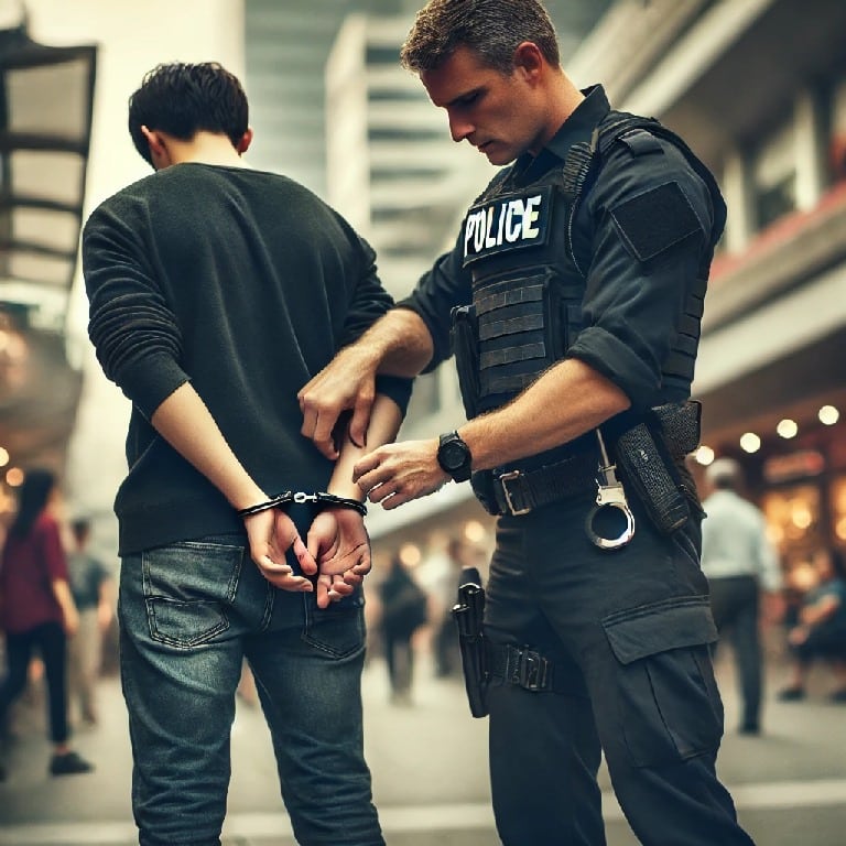 A police officer in uniform placing handcuffs on a suspect with their hands behind their back. The scene is set on a busy city street with pedestrians